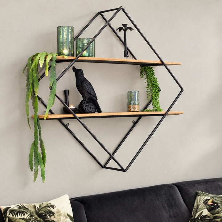 Black diamond-frame wall shelf in a naturally lit living room