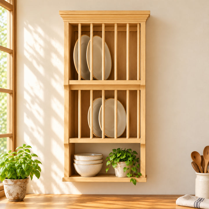 Dishara wall plate rack design visualization with natural greenery and corrected narrow proportions