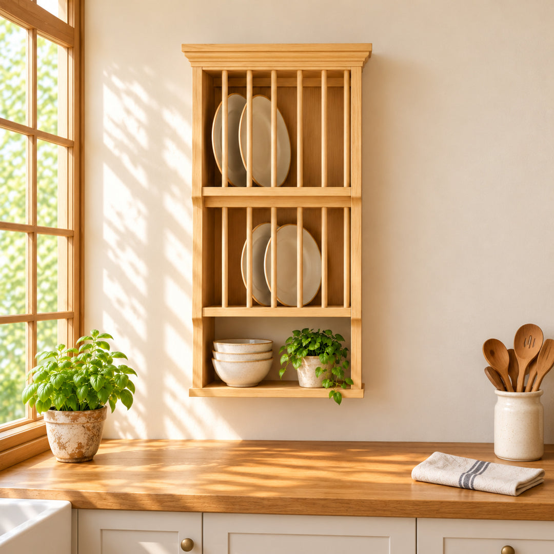 Dishara wall plate rack design visualization with natural greenery and corrected narrow proportions