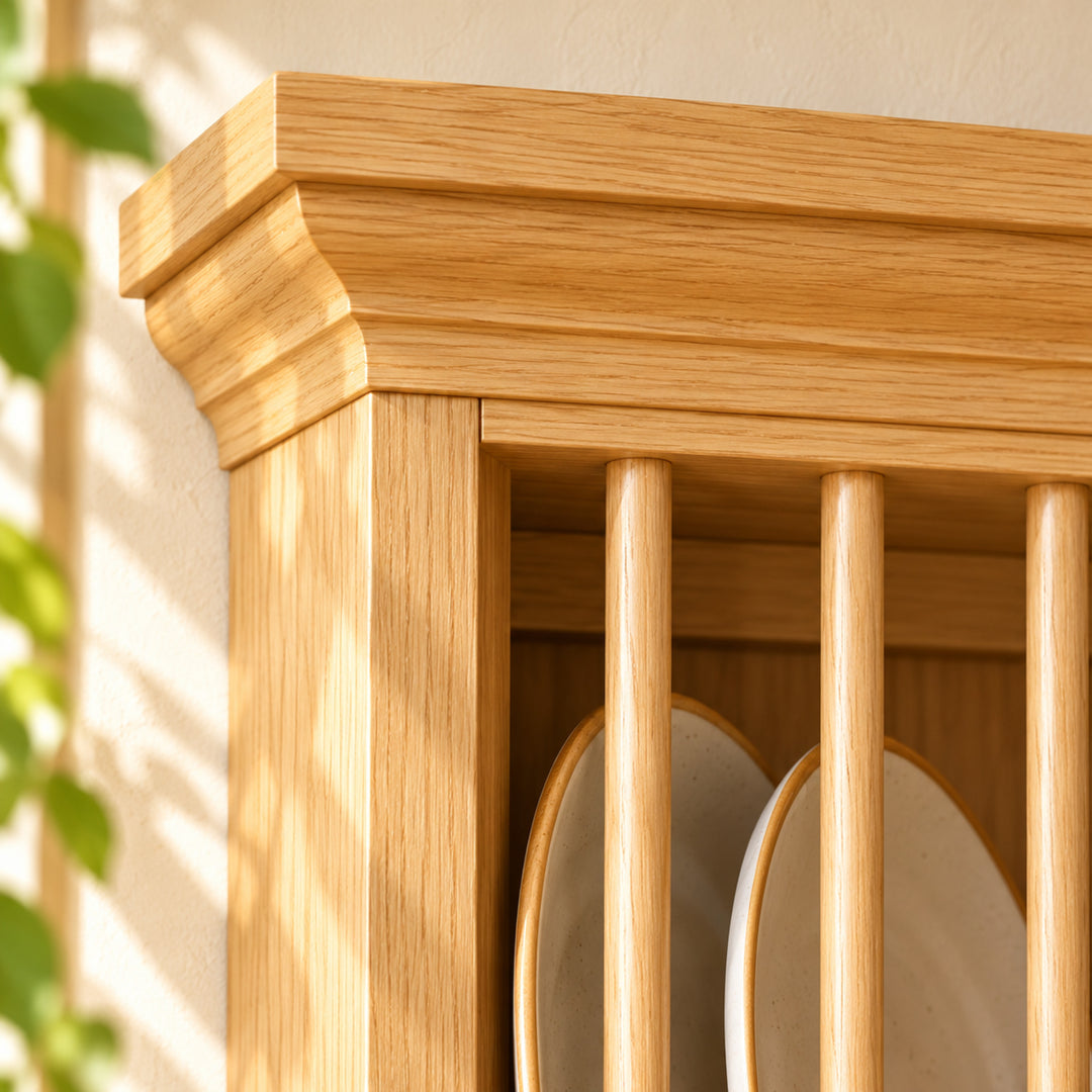 Dishara wall plate rack construction detail with natural greenery and corrected narrow proportions