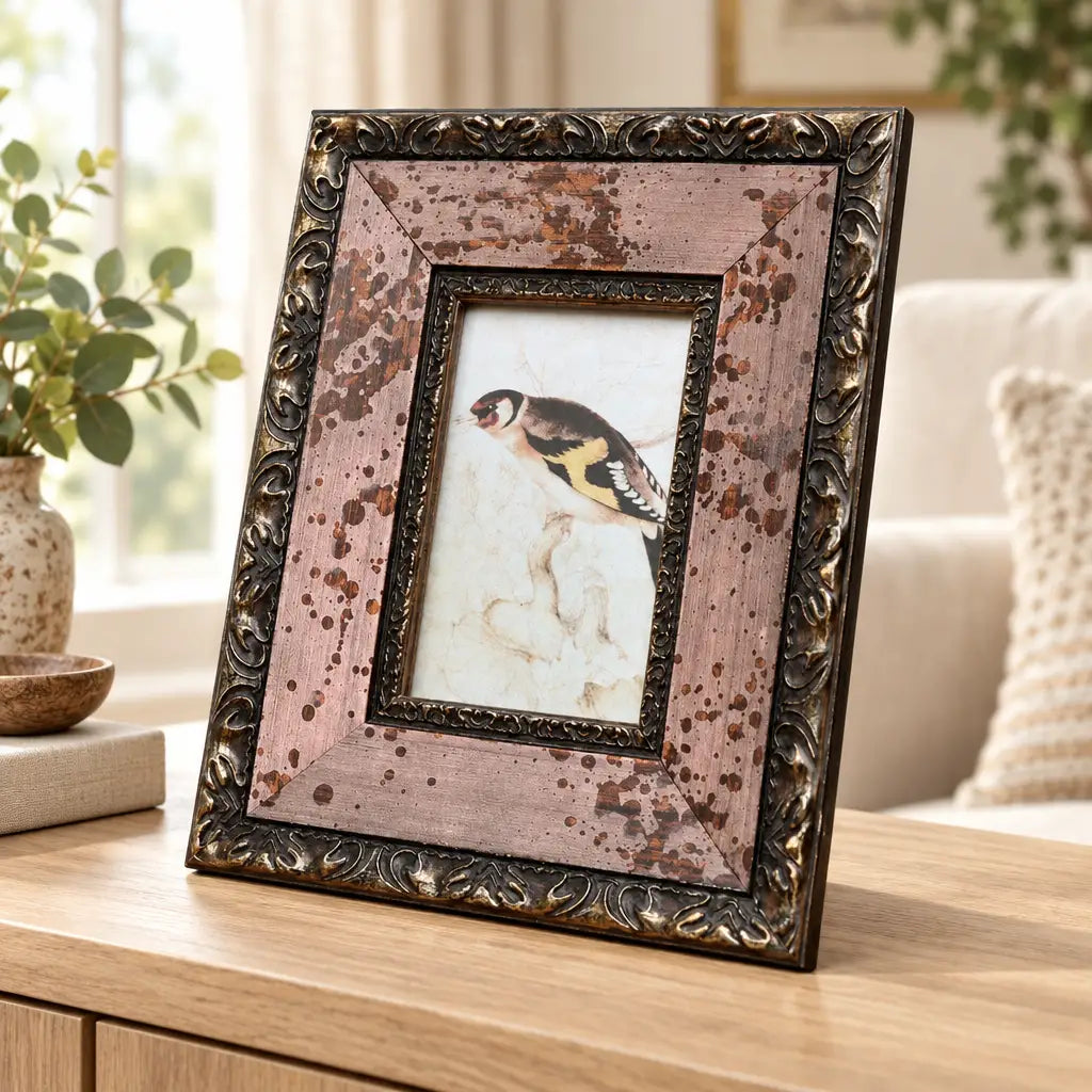 Dusty pink and bronze photo frame with bird print on wooden table