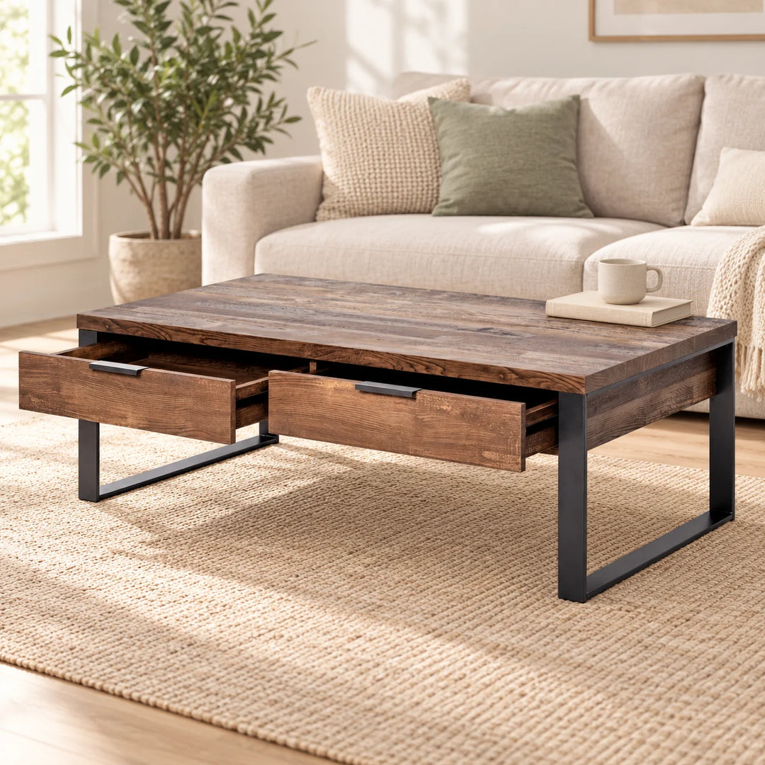 Brown two-drawer coffee table with open drawers and black loop legs in a styled lounge with natural plant