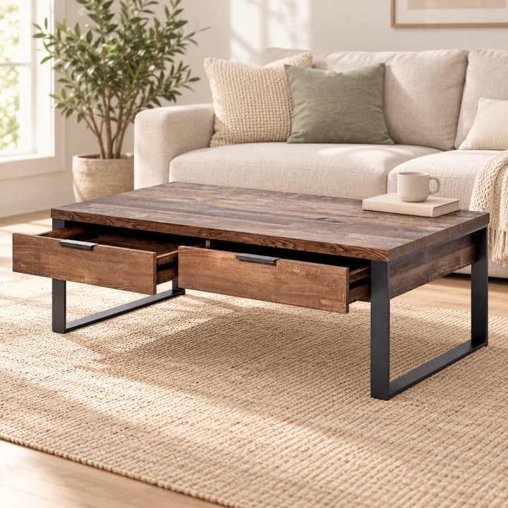 Brown two-drawer coffee table with open drawers and black loop legs in a styled lounge with natural plant