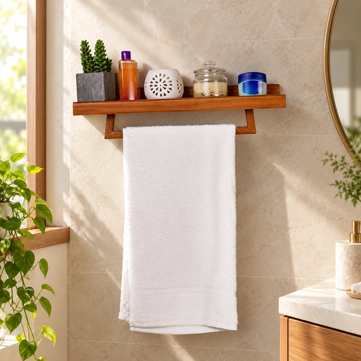 Brown wooden bathroom shelf with towel rail and white towel in a natural daylight bathroom