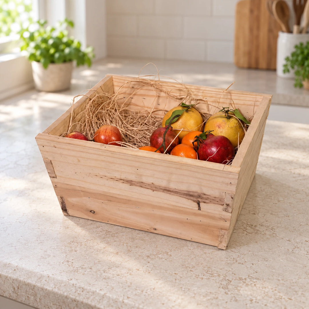 Pale wooden fruit storage box on a sunlit kitchen counter