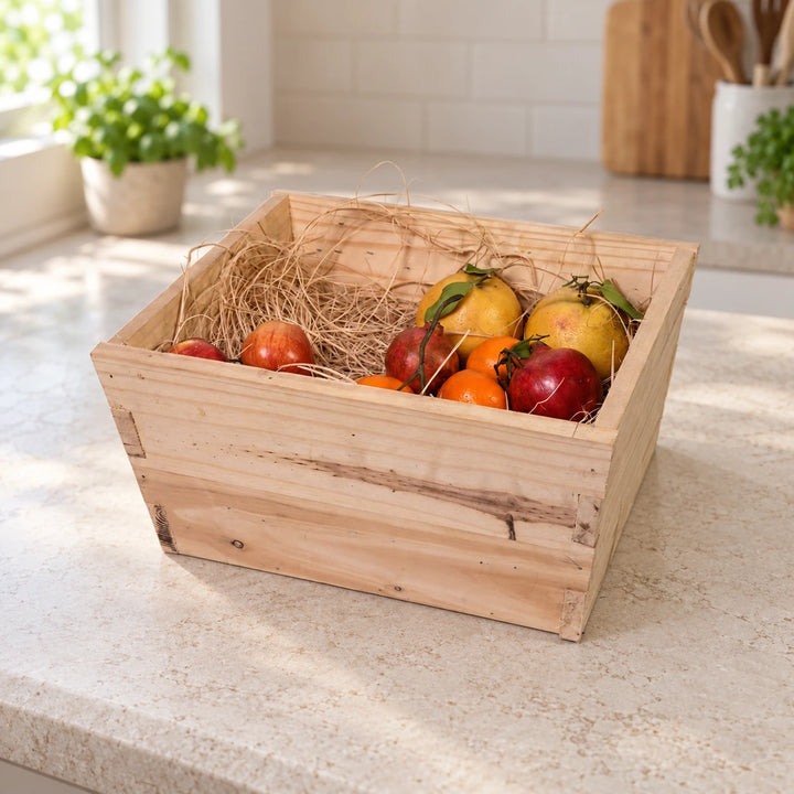 Pale wooden fruit storage box on a sunlit kitchen counter