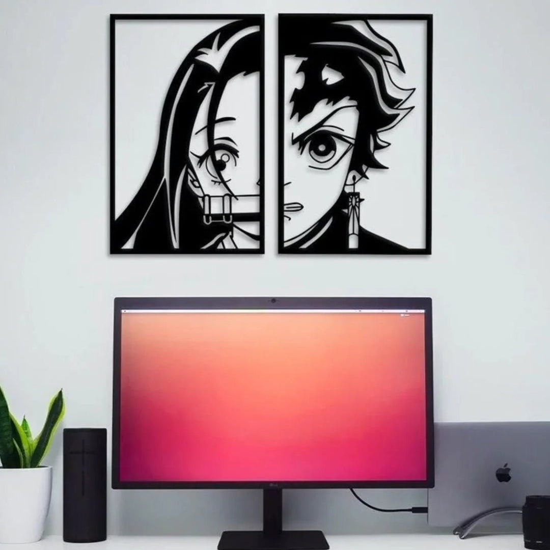 Dual Warrior Siblings Tanjiro Wall Art Nezuko- 2-Piece Anime-Inspired Split Demon Panel Slayer Decor | Home Décor | Waseeh Pakistan