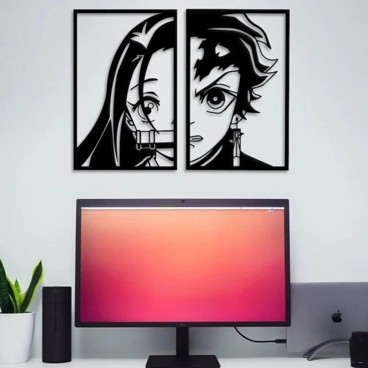 Tanjiro and Nezuko two-piece split black wall art above desk monitor