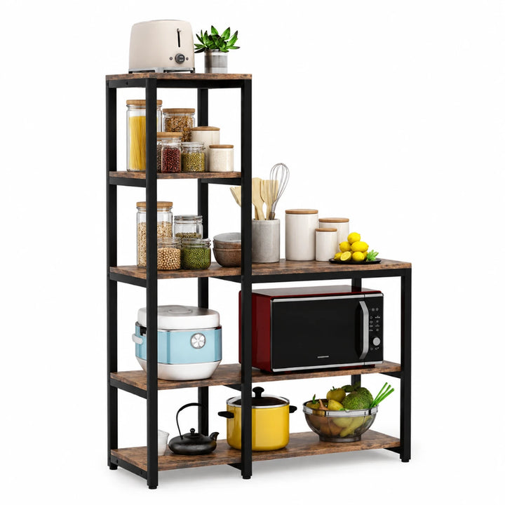 Eemaan Brown five-tier kitchen baker rack with pantry jars and cookware, full product view