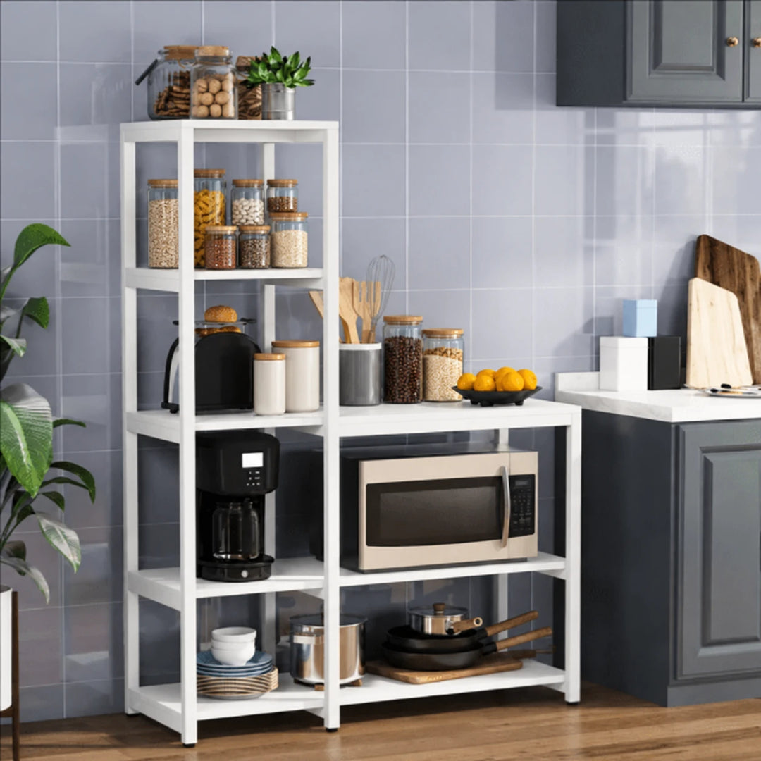 Eemaan five-tier kitchen baker rack in White with pantry jars, cookware and plant against a tiled wall