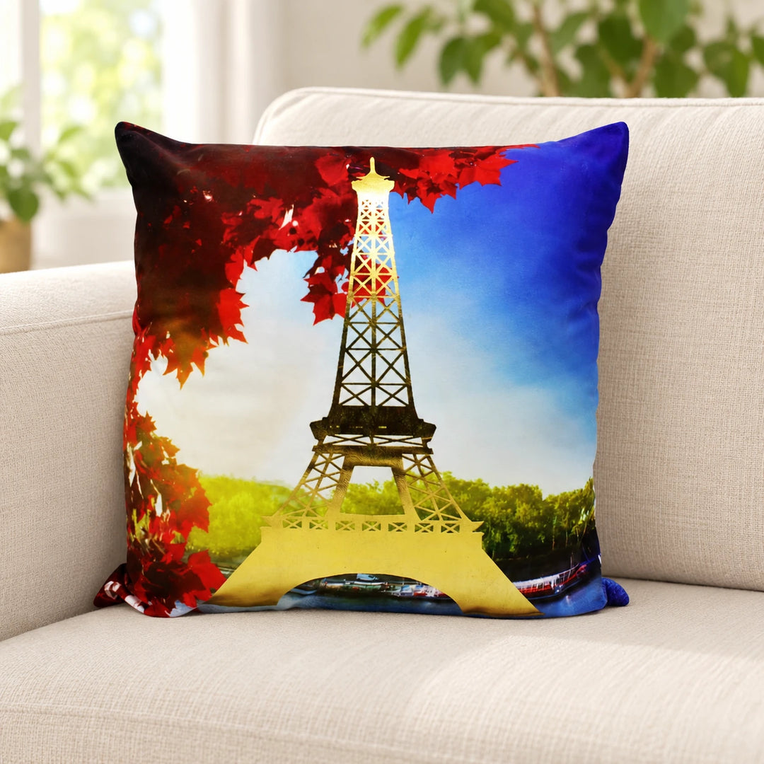 Eiffel Tower print cushion cover in the Red design, styled on a sofa