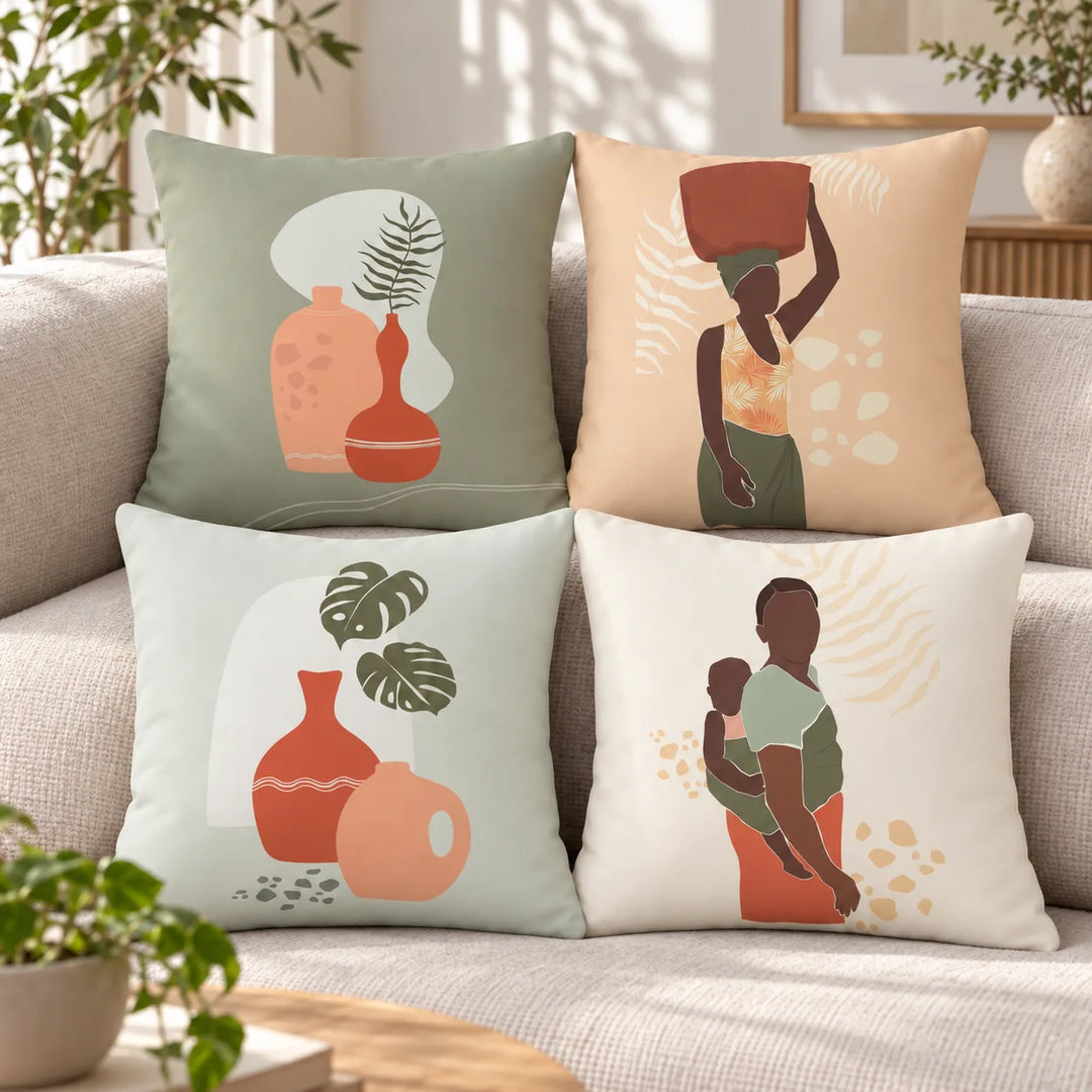 Four Elaria cushion covers with their original vase, leaf and illustrated figure designs on a neutral sofa