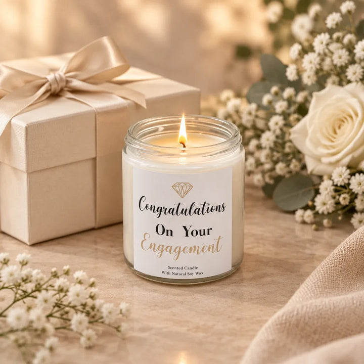 Scented candle in glass jar with engagement congratulations label beside gift box and roses