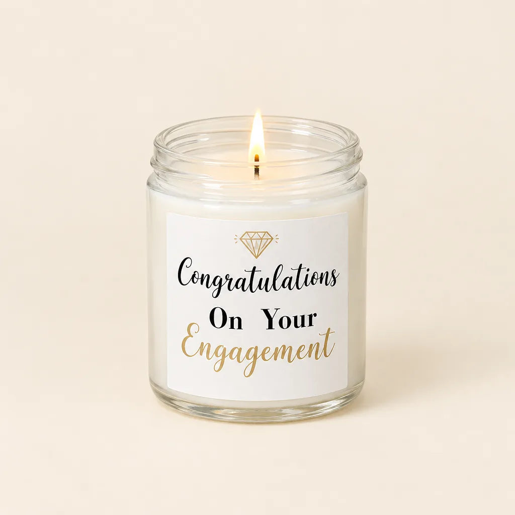 Lit candle in clear glass jar with Congratulations On Your Engagement label