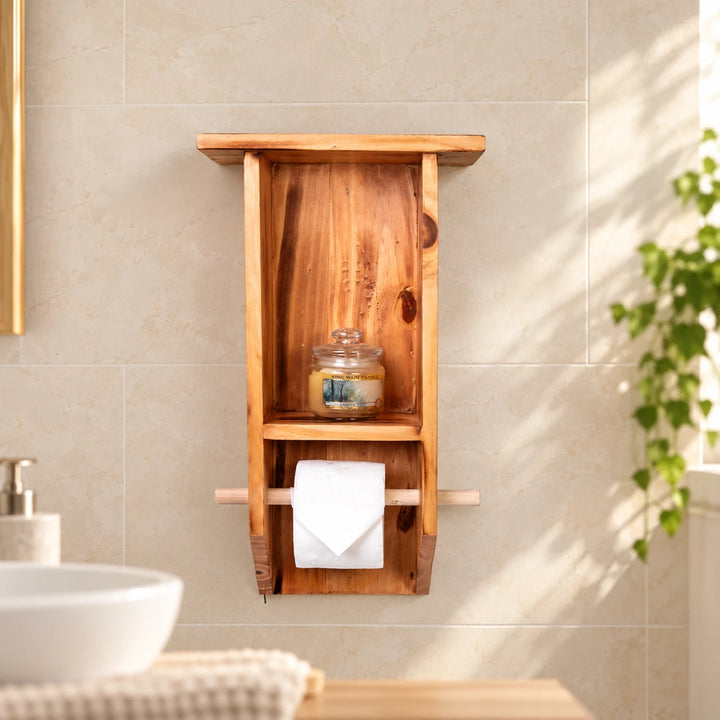 Wood-tone wall rack with a shelf and tissue roll in a sunlit bathroom
