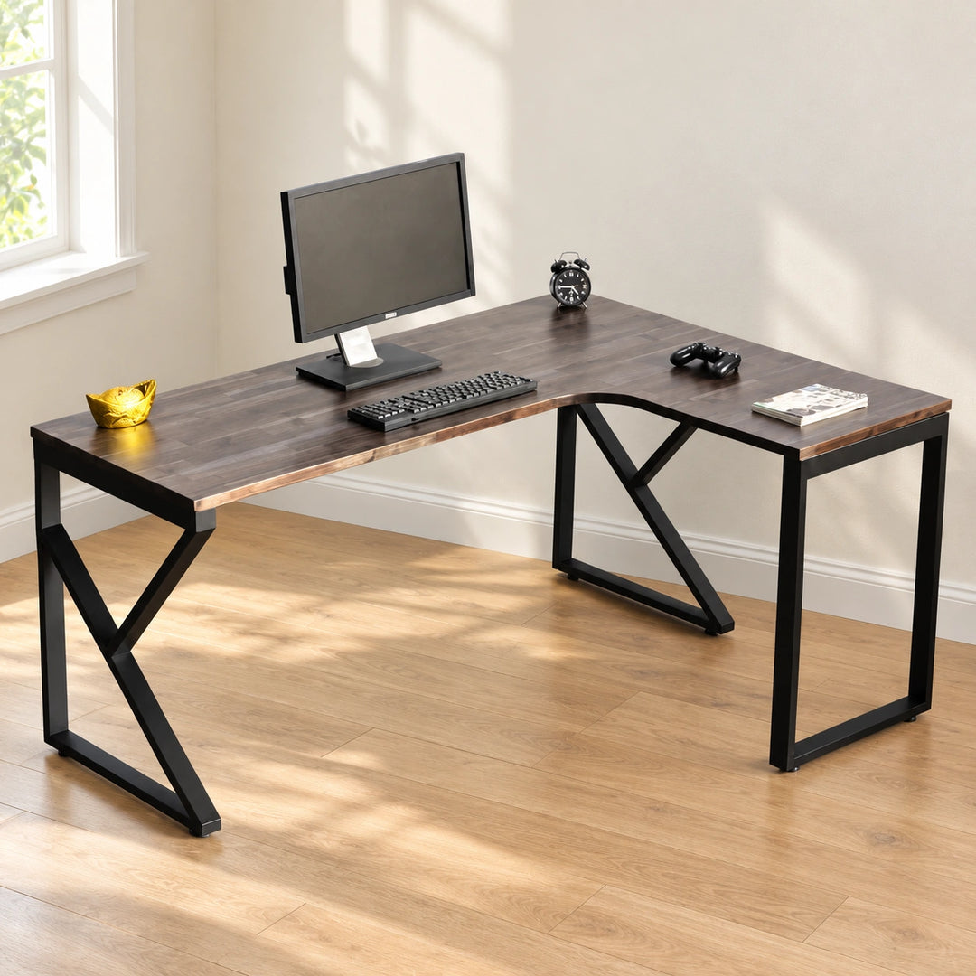 Eucaly grey-brown L-shaped desk with black metal diagonal legs in a bright home-office corner