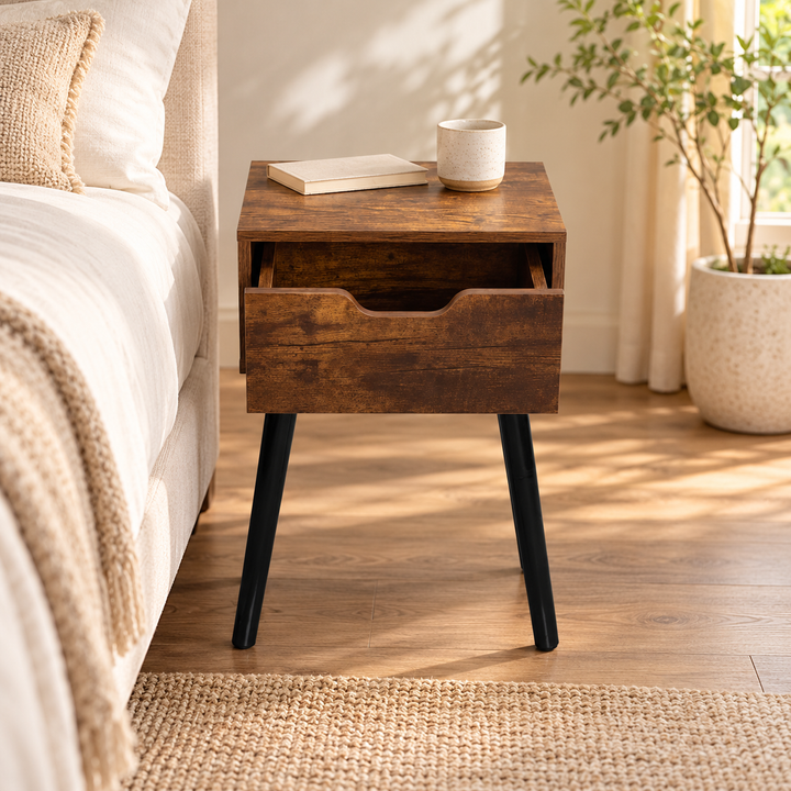 Single Exisistior rustic brown nightstand with a cutout-handle drawer and black legs beside a bed
