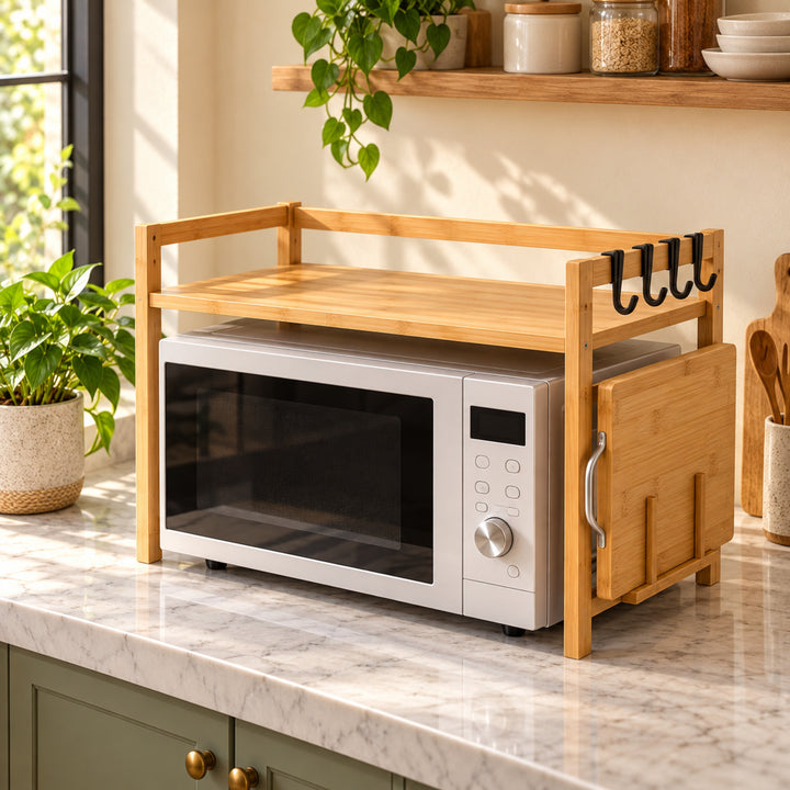 Expanzo kitchen organizer concept shown with natural greenery in warm kitchen setting