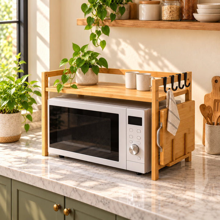 Expanzo microwave shelf concept lifestyle view with natural greenery and warm kitchen styling
