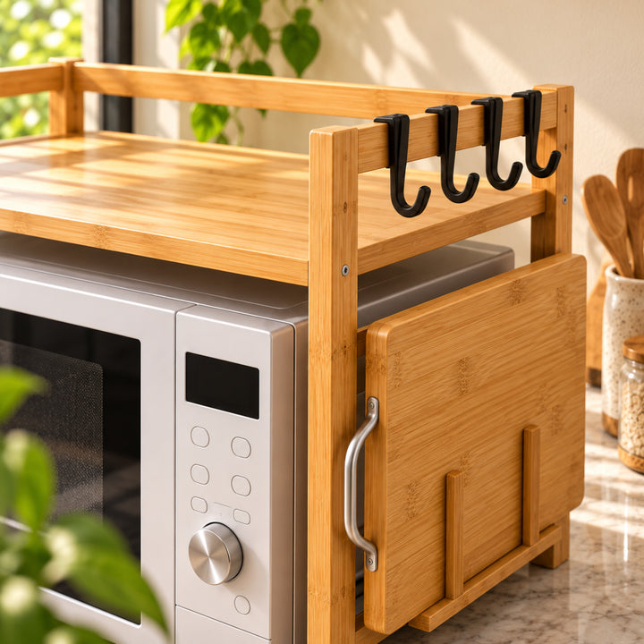 Expanzo microwave shelf concept construction detail with natural greenery and warm kitchen styling