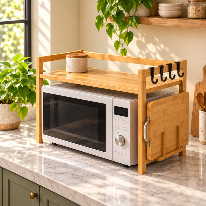 Expanzo microwave shelf concept alternate view with natural greenery and warm kitchen styling