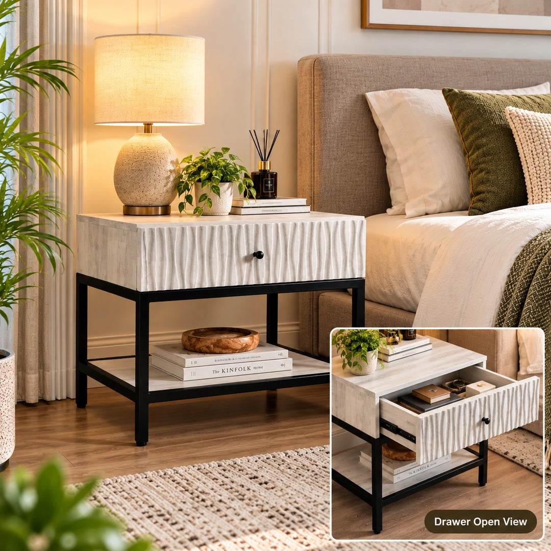 Faceout nightstand in a bedroom with a drawer-open detail inset