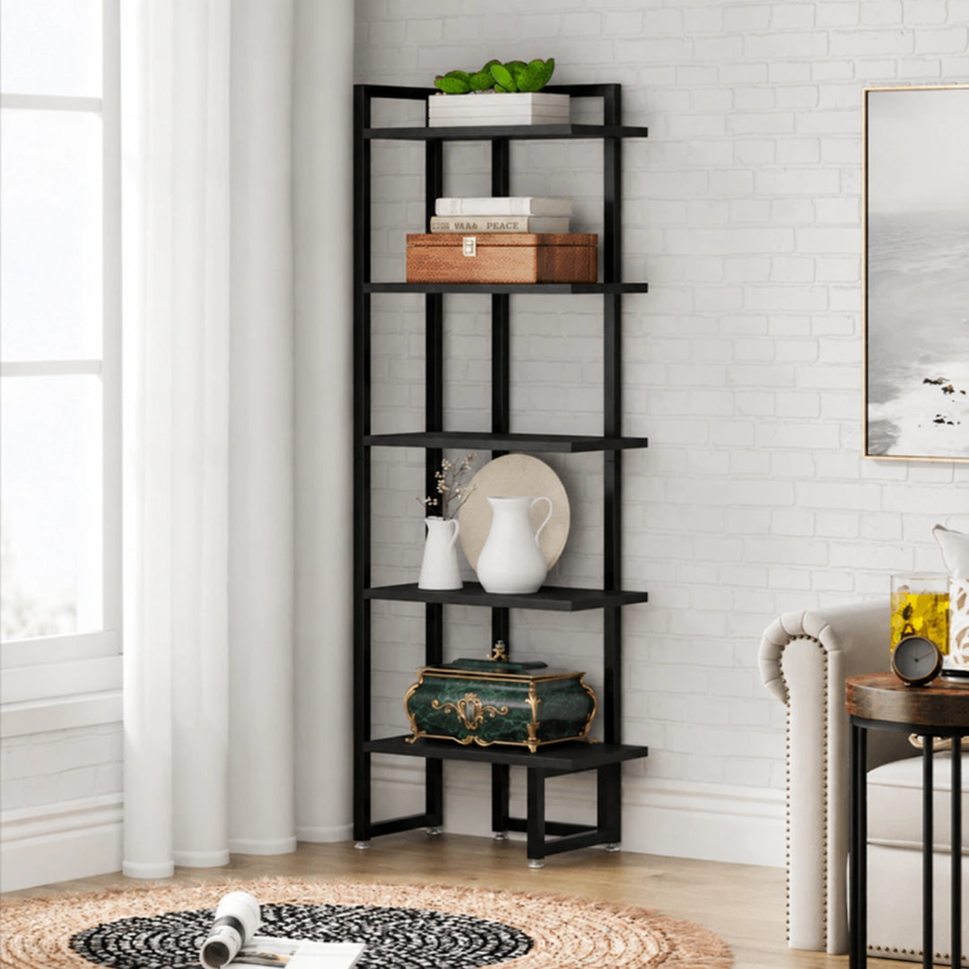 Factorize black five-shelf storage rack in a bright living room