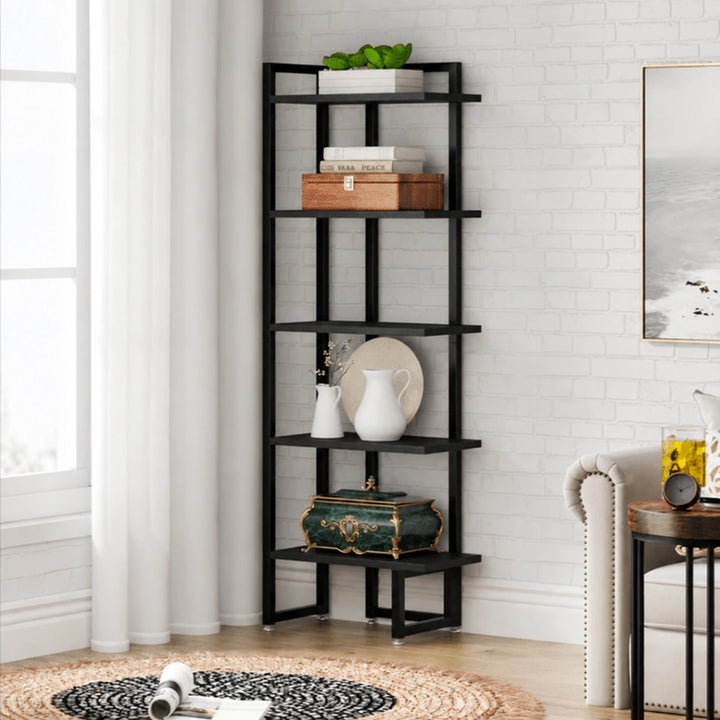 Factorize black five-shelf storage rack in a bright living room