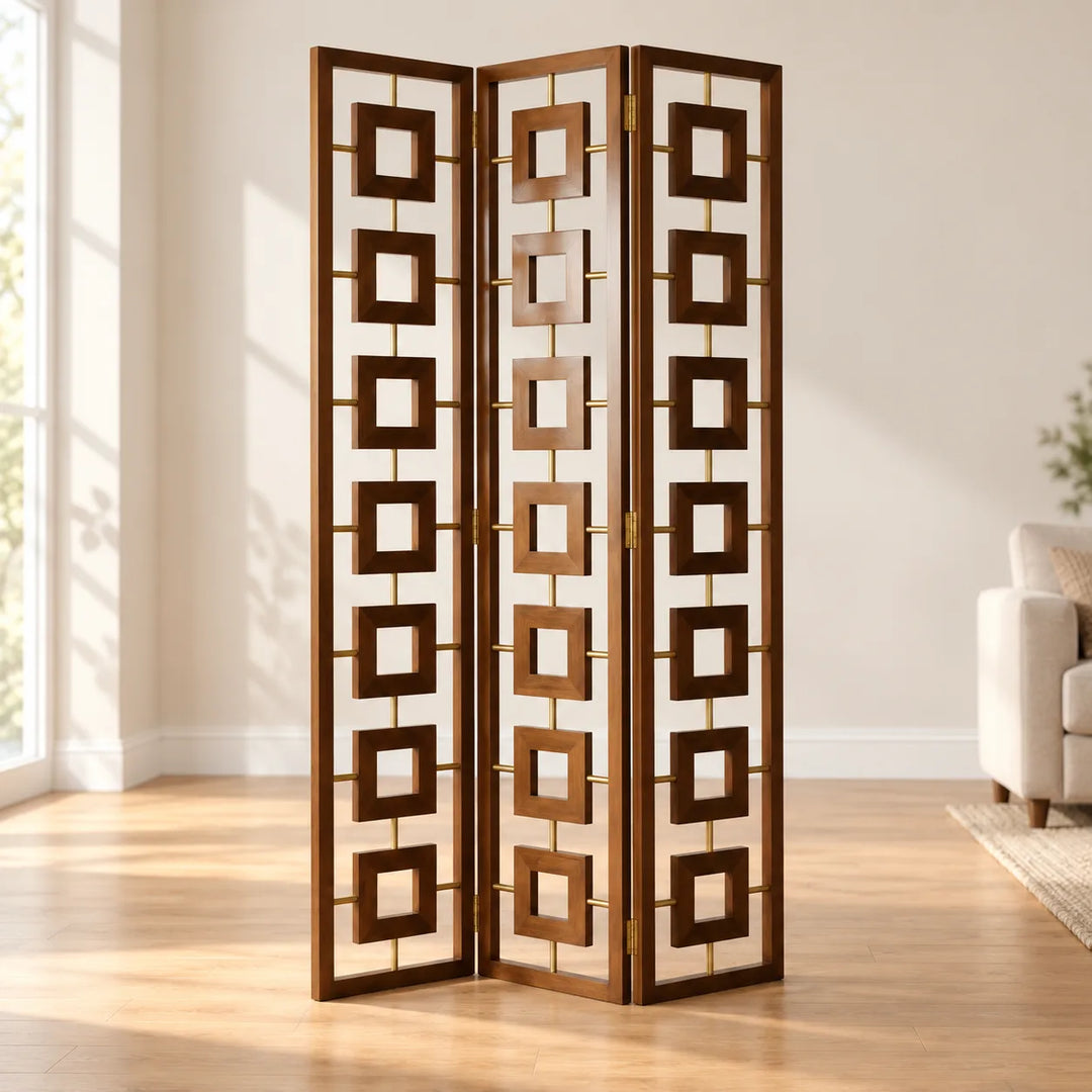 Brown Famioo three-panel folding screen with seven geometric square frames per panel and gold-toned rods in a softly lit room
