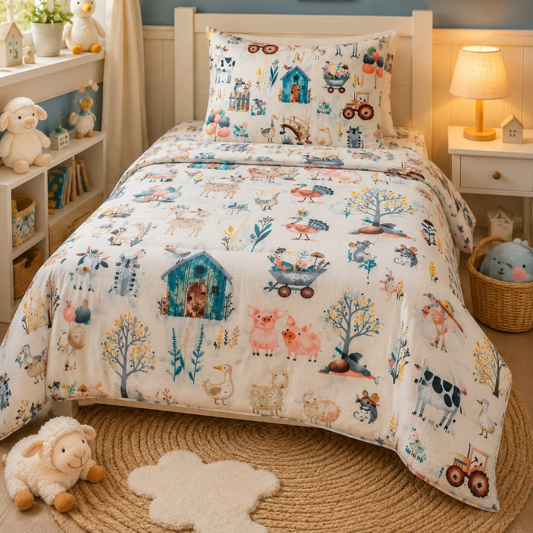 Pastel kids single bed sheet with pig, cow, sheep, duck and tractor print