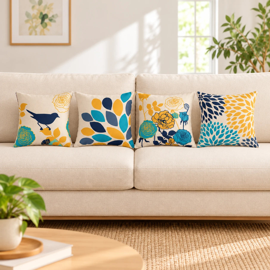 Four patterned Farm House cushion covers styled on a cream sofa