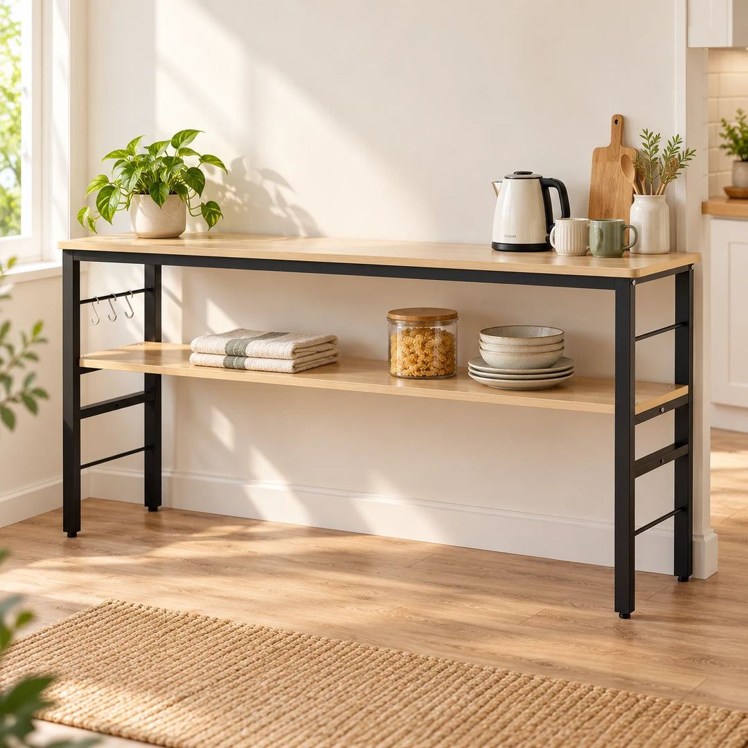 Ferras pale wood and black metal two-level long kitchen rack against a wall with kitchen props and a green plant