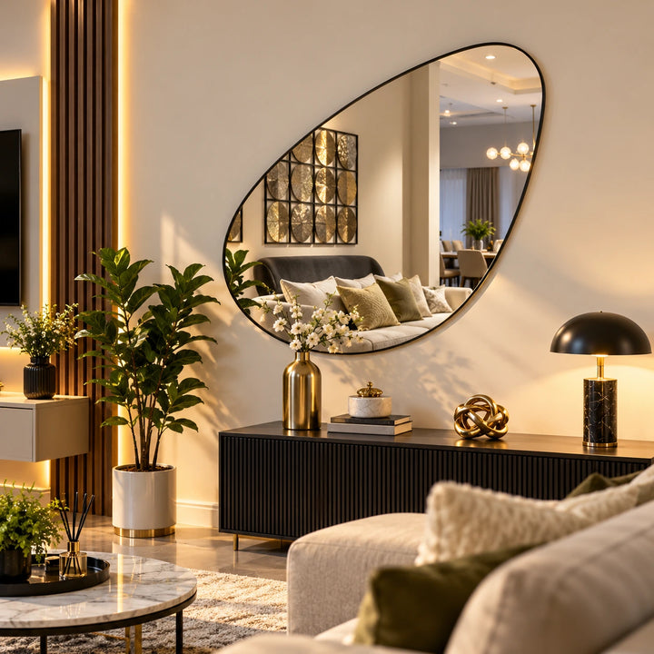 Asymmetrical oval wall mirror with a thin dark edge above a black console in a styled living room
