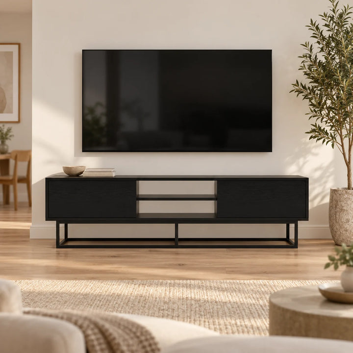 Fitzgibbon black media console styled below a television with books and a natural plant