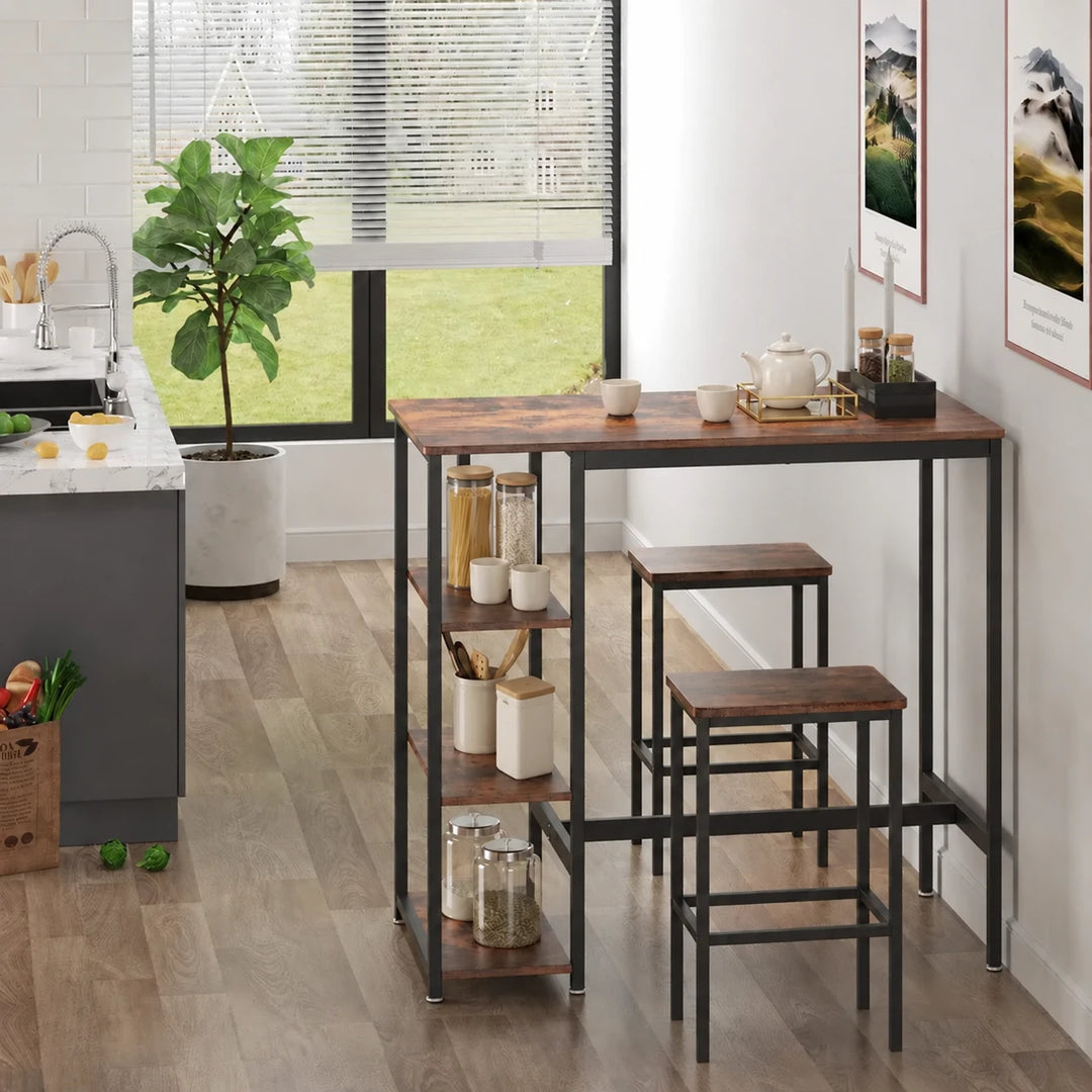 Five-Bucket table with three side shelves in a naturally lit kitchen, staged with tea cups and pantry jars