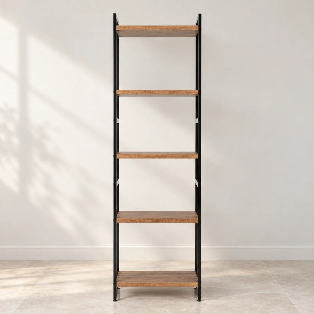 Five tier ladder bookcase with brown shelves and black metal frame in natural light