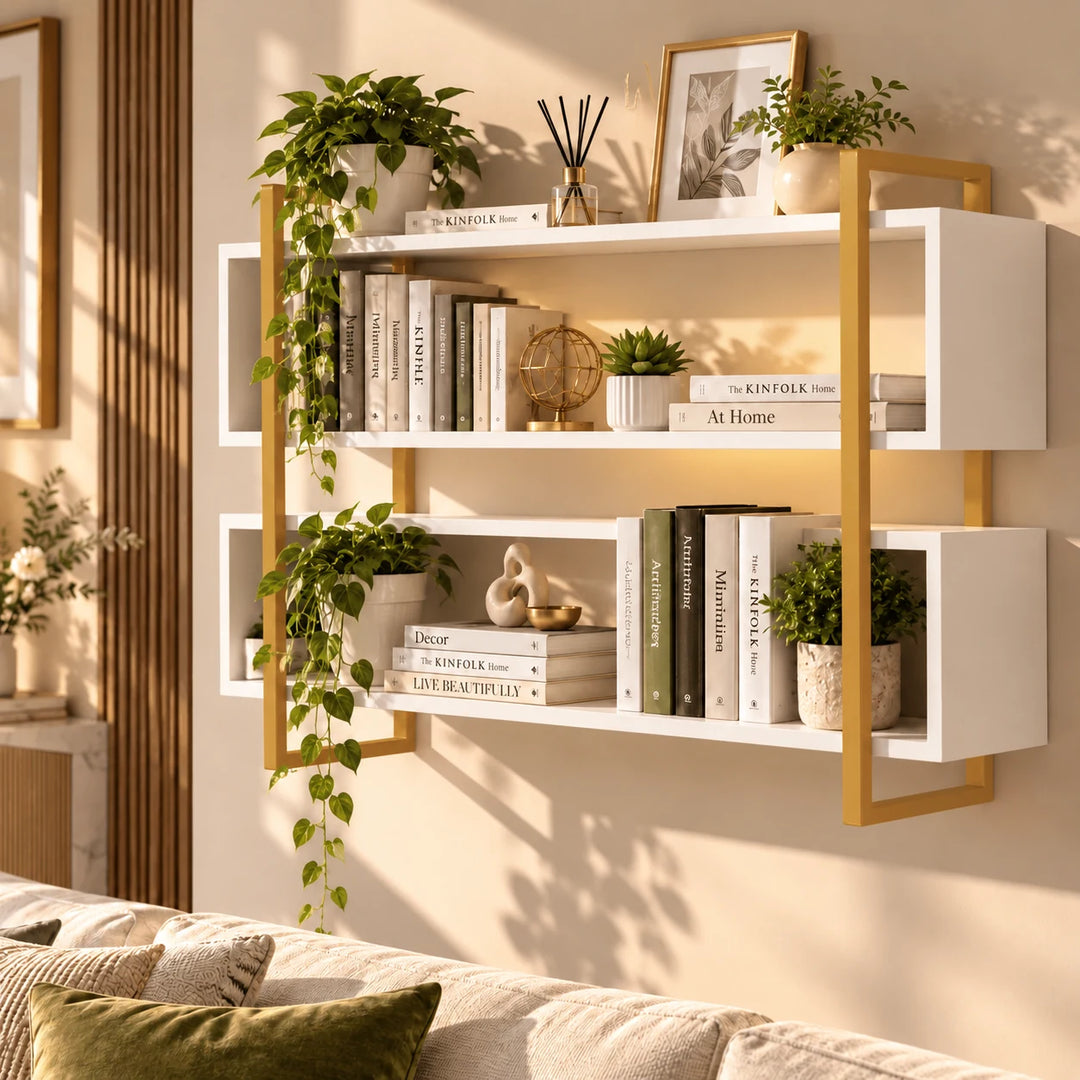 Flaxen white two-box wall bookshelf with Akil Gold powder-coated frame, books and plants in a warm living room