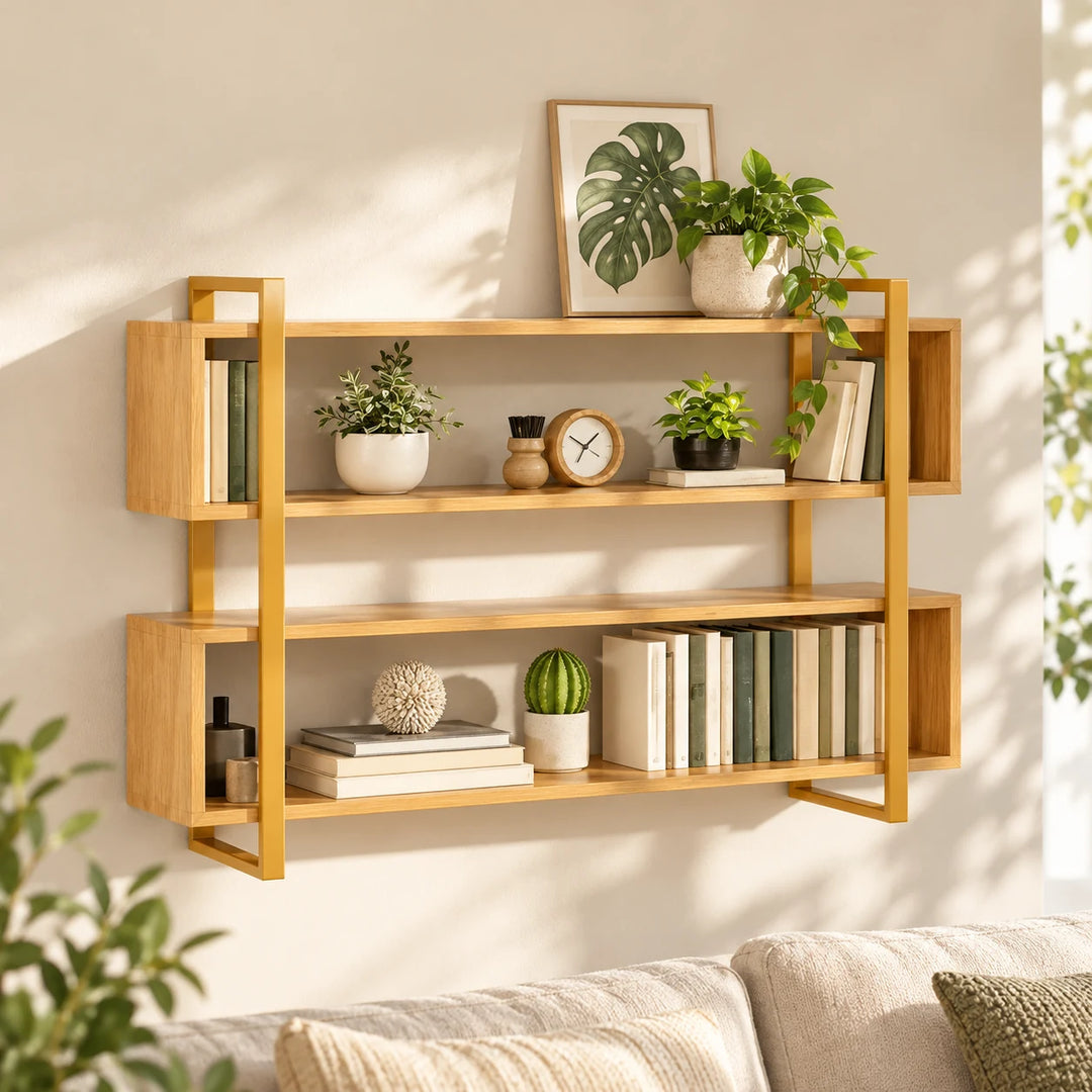 Flaxen oak woodgrain two-box wall bookshelf with Akil Gold powder-coated frame and plants in a sunlit living room