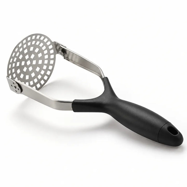 Foldable potato masher with a round perforated head and black handle