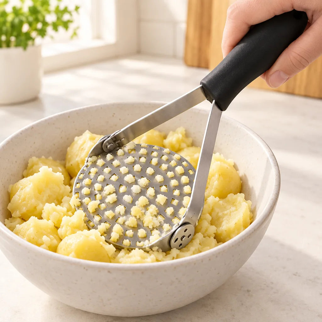Black-handled potato masher being used in a bowl of mashed potatoes