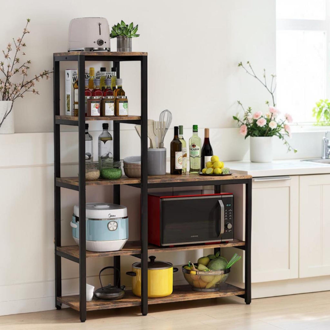 Freestanding baker’s rack with adjustable feet and open storage shelves