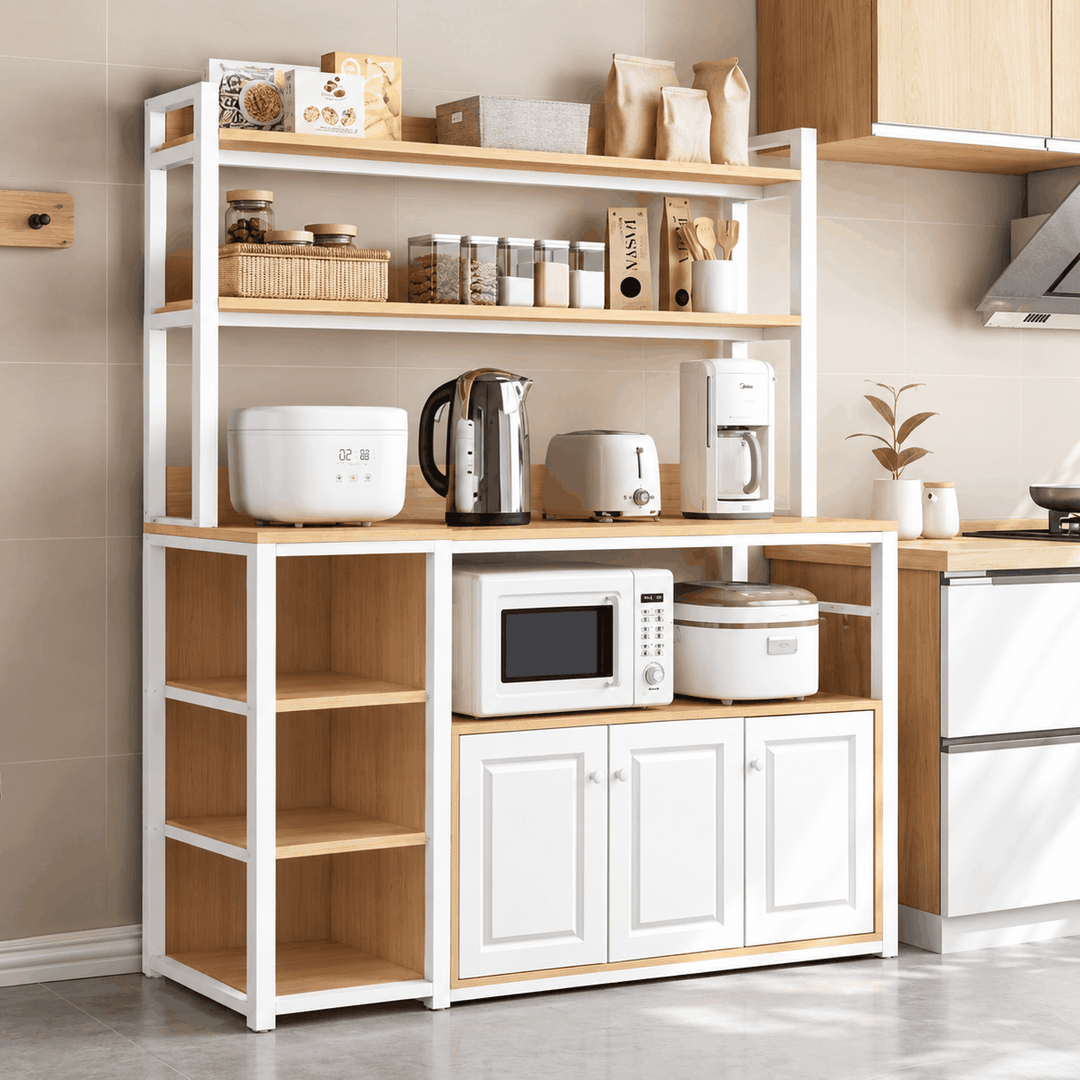 Kitchen multi storage rack with microwave, kettle and white cabinet doors