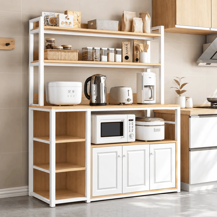 Kitchen multi storage rack with microwave, kettle and white cabinet doors