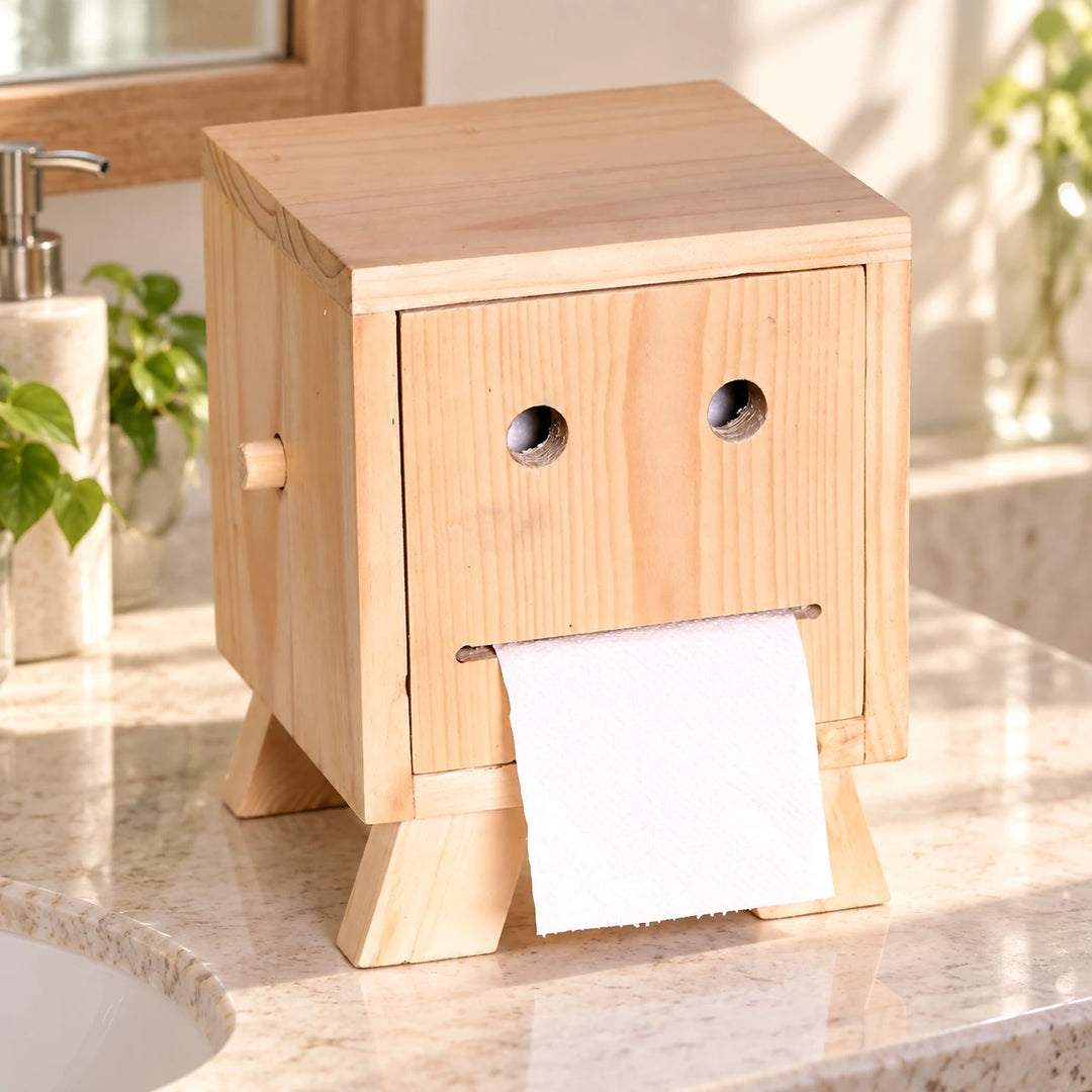 Pale face-design tissue holder on a sunlit bathroom counter