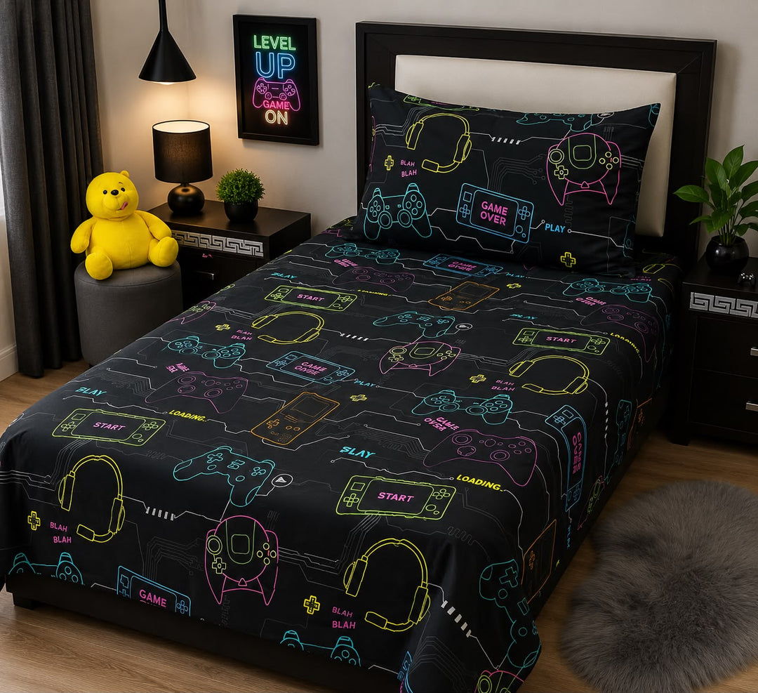 Black kids single bed sheet with neon controller, console and headset print