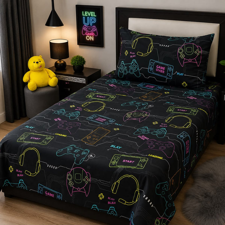 Black kids single bed sheet with neon controller, console and headset print