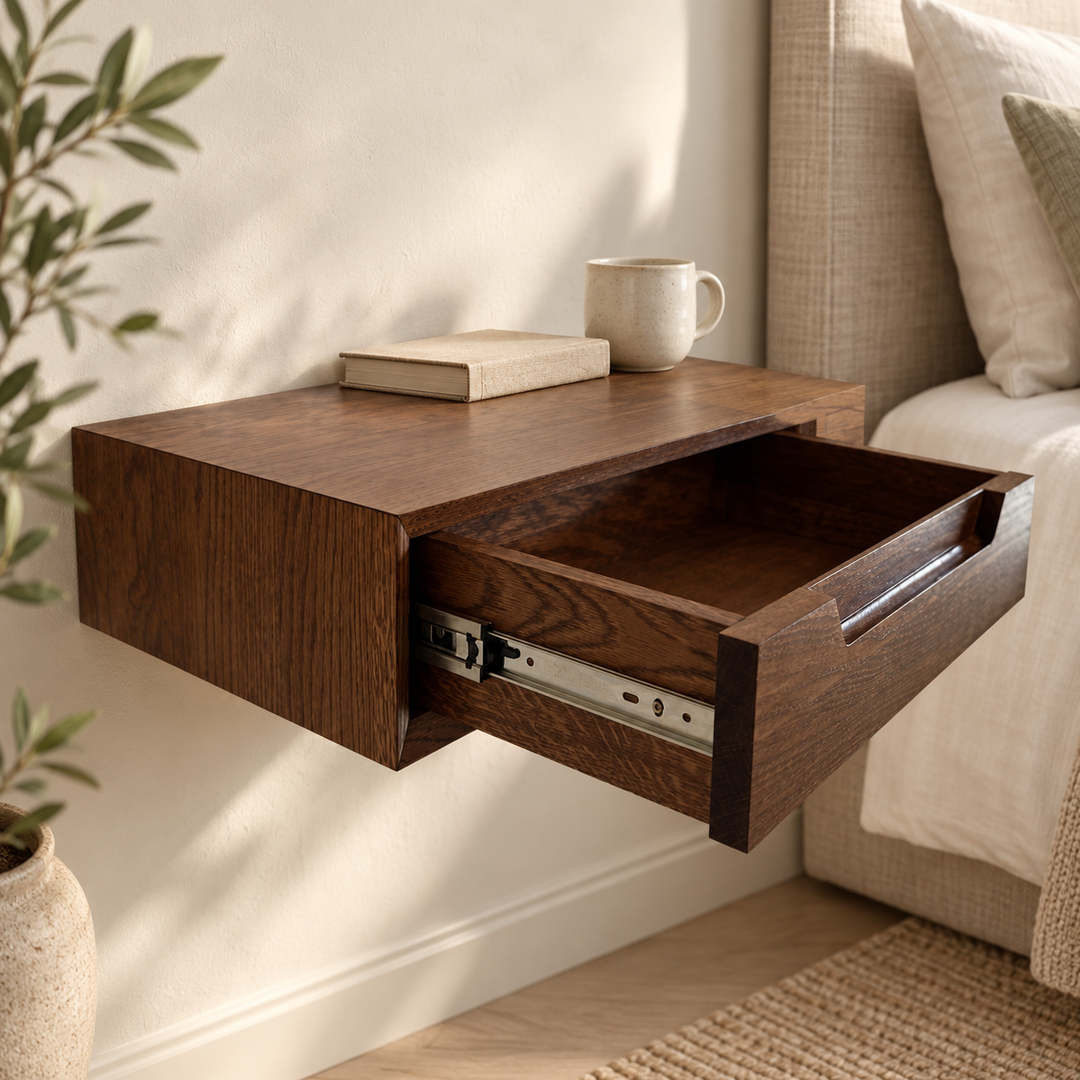 Single Genzula dark brown floating bedside drawer shown open beside a bed in natural light