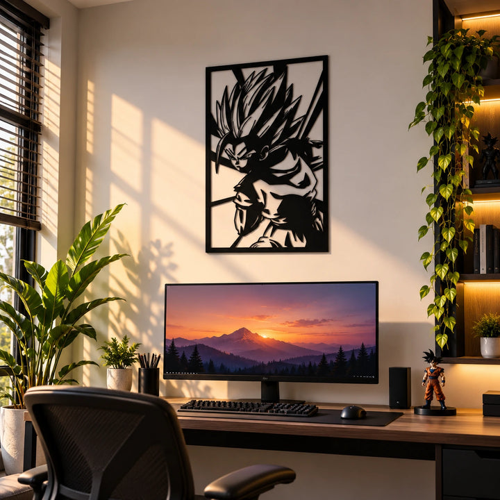 Black Goku silhouette wall art above a computer desk with plants and warm daylight