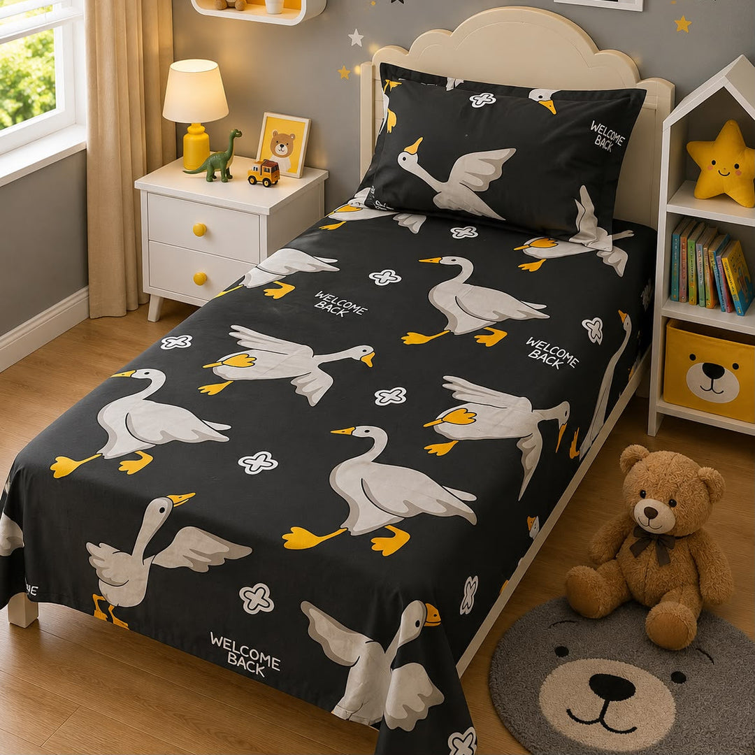 Dark charcoal kids single bed sheet with cartoon goose print