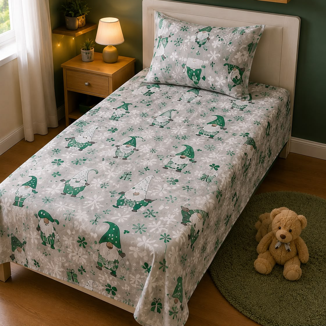 Green kids single bed sheet with gnome, clover and blossom print